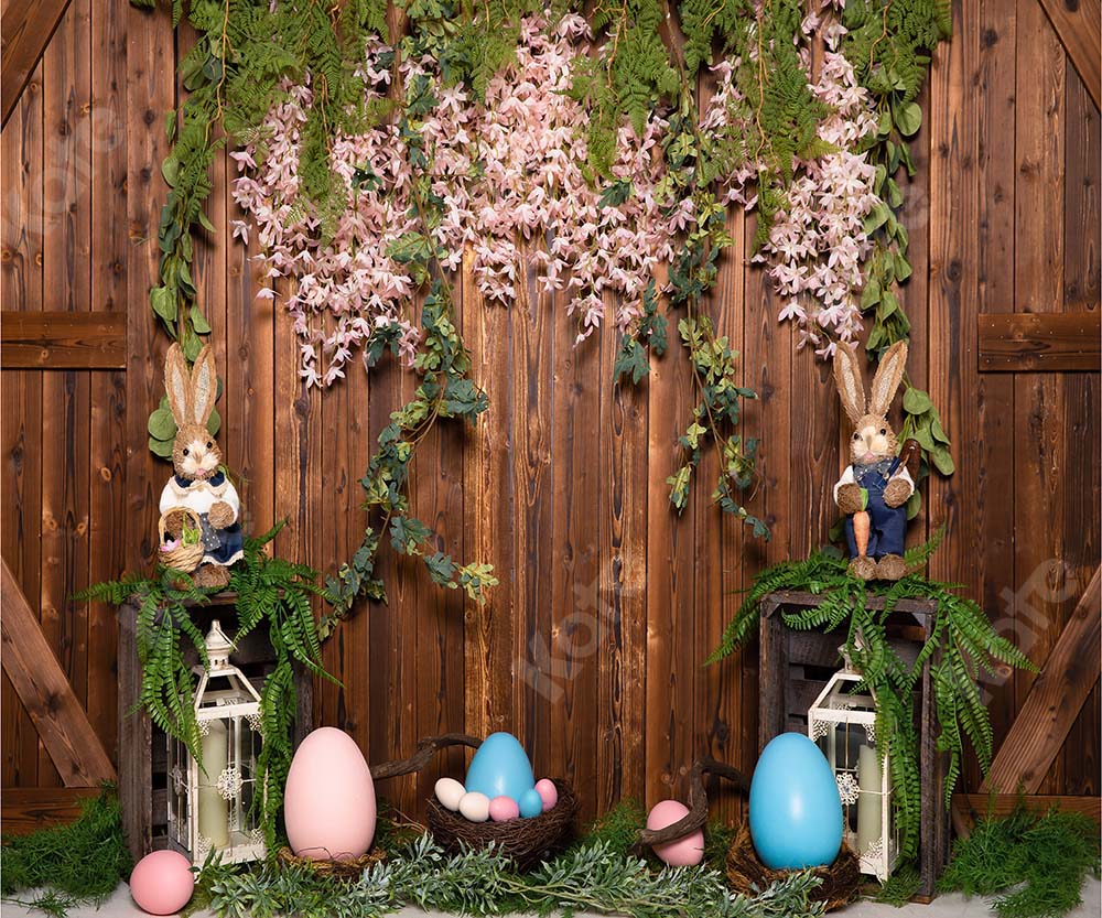 Kate Printemps Brun Mur en bois Jardin Lapin Pâques Toile de fond pour la photographie - Kate Backdrop FR