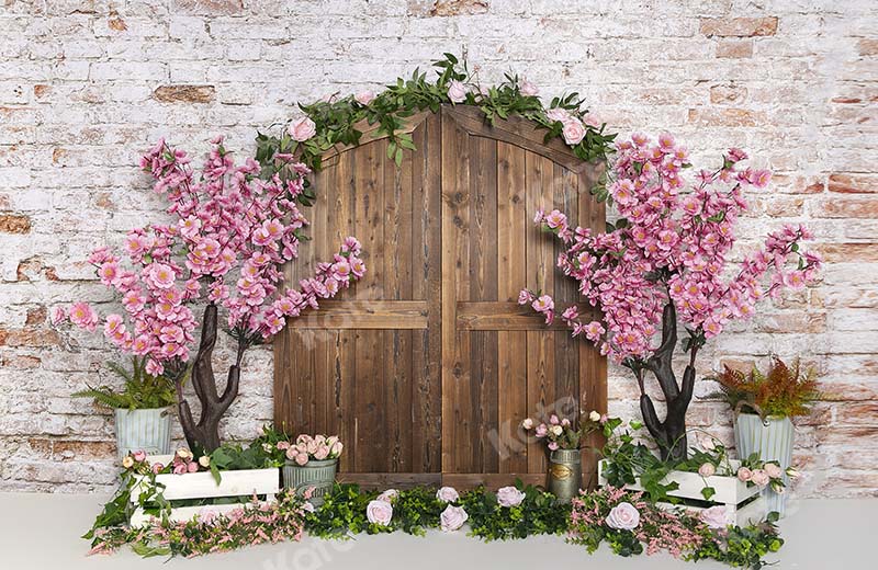 Kate Mur de brique Porte Bois Fleurs Pêche Printemps Toile de fond conçu par Emetselch - Kate Backdrop FR