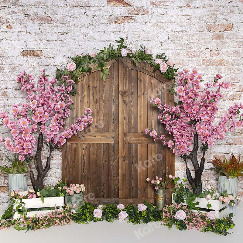 Kate Mur de brique Porte Bois Fleurs Pêche Printemps Toile de fond conçu par Emetselch - Kate Backdrop FR