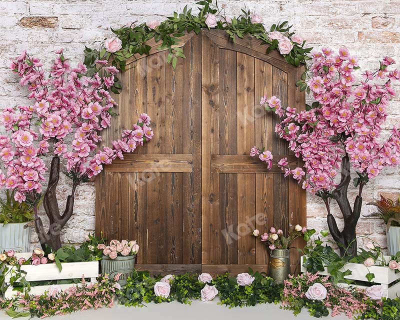 Kate Mur de brique Porte Bois Fleurs Pêche Printemps Toile de fond conçu par Emetselch - Kate Backdrop FR
