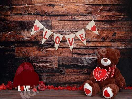Katebackdrop£ºKate Be my Valentine Wooden Wall And Teddy Bear Love Banner Backdrop