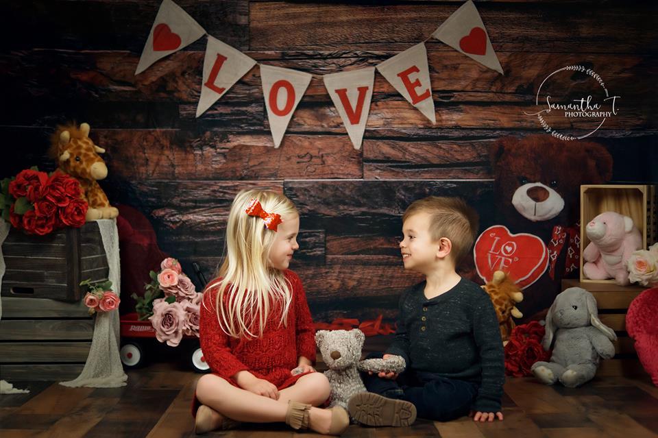 Katebackdrop£ºKate Be my Valentine Wooden Wall And Teddy Bear Love Banner Backdrop