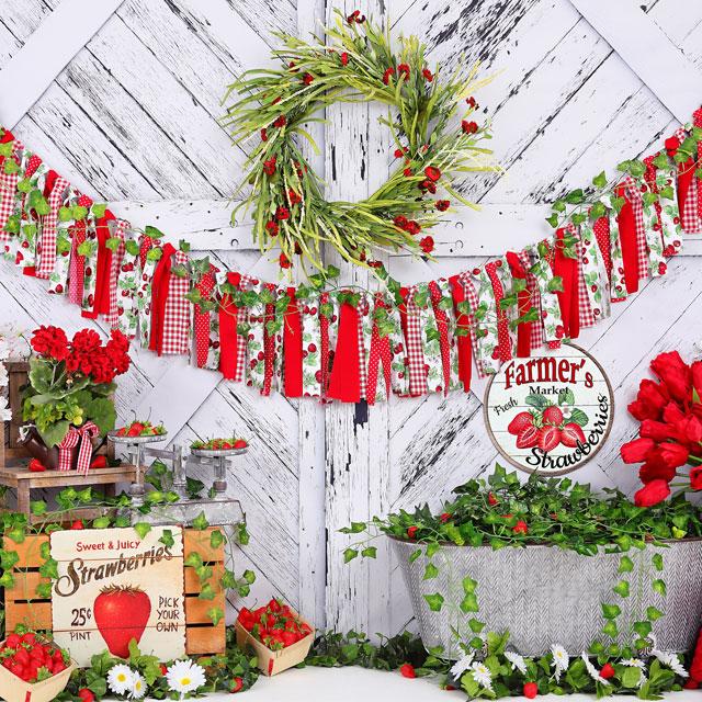 Kate Été Mur en Bois Blanc Fraise Bannière Anniversaire Toile de fond pour la photographie - Kate Backdrop FR