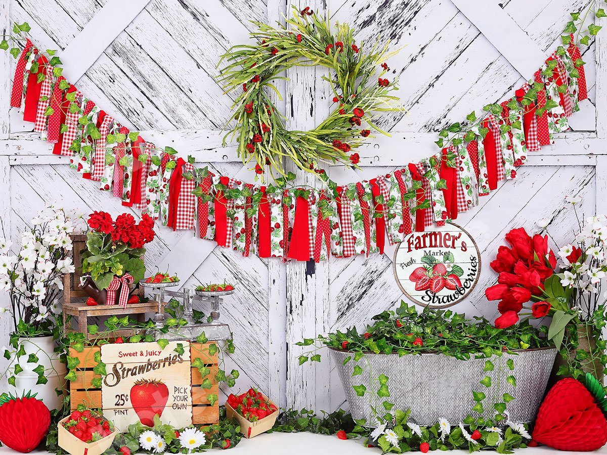 Kate Été Mur en Bois Blanc Fraise Bannière Anniversaire Toile de fond pour la photographie - Kate Backdrop FR