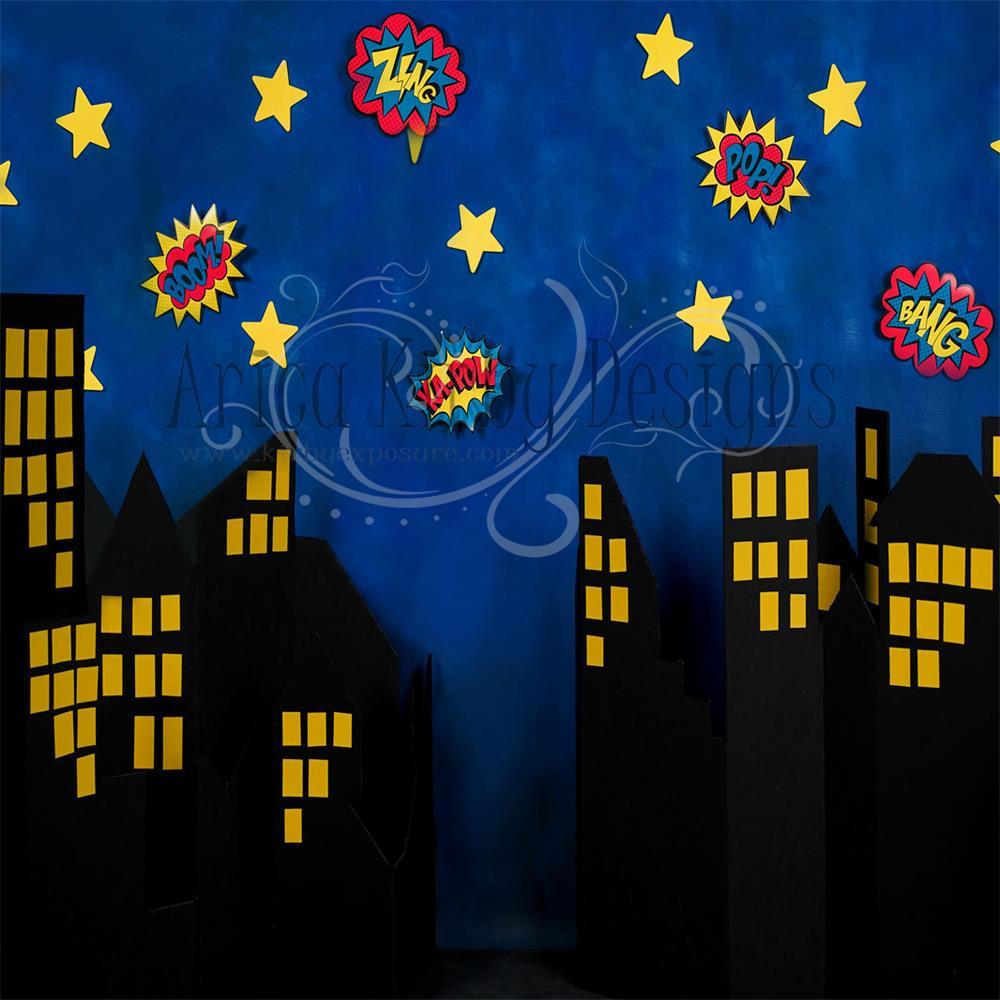 Kate Super-Héros Boom Ville Nuit Toile de fond conçue par Arica Kirby - Kate Backdrop FR
