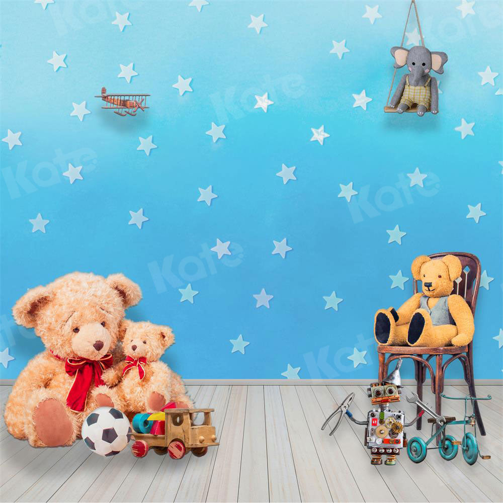Kate toile de fond Mur bleu avec des étoiles Peluche ours Jouets pour le studio du photographe