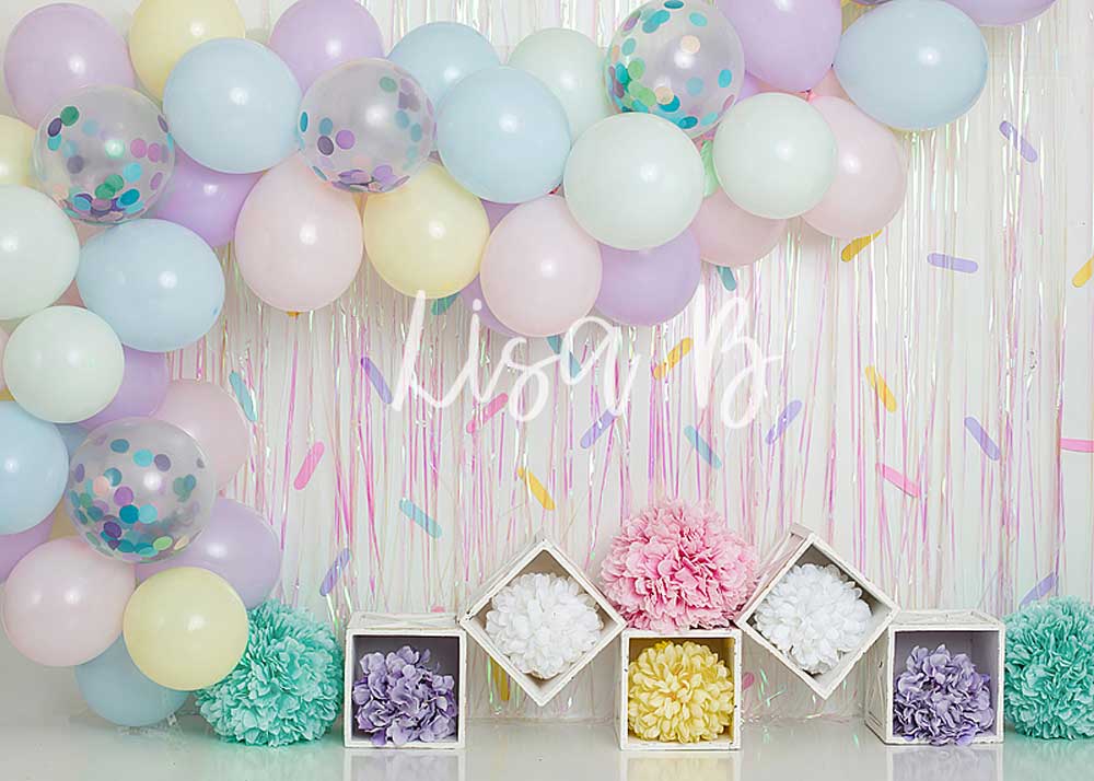 Kate Ballons Blanc Paillettes Anniversaire Enfants Toile de fond conçue par Lisa B - Kate Backdrop FR