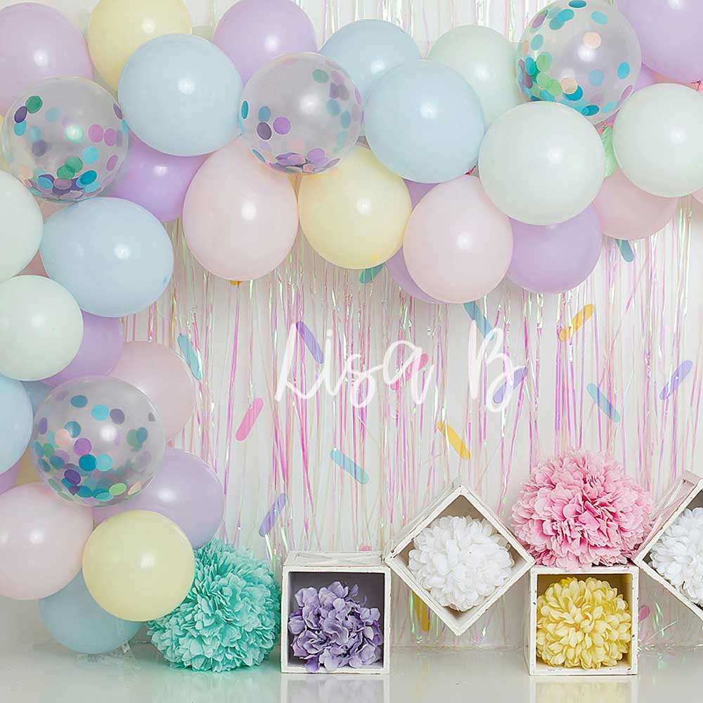 Kate Ballons Blanc Paillettes Anniversaire Enfants Toile de fond conçue par Lisa B - Kate Backdrop FR