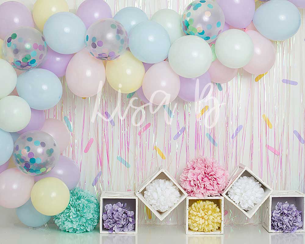Kate Ballons Blanc Paillettes Anniversaire Enfants Toile de fond conçue par Lisa B - Kate Backdrop FR