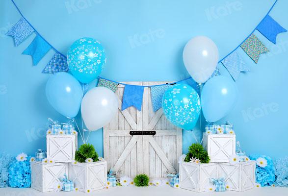 Kate Cake smash Ballons Bleu Blanc Anniversaire Toile de fond pour la photographie - Kate Backdrop FR