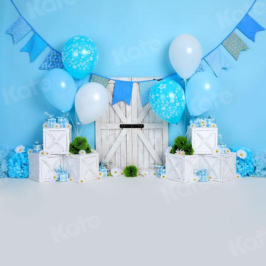 Kate Cake smash Ballons Bleu Blanc Anniversaire Toile de fond pour la photographie - Kate Backdrop FR
