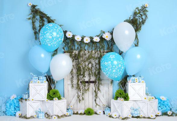 Kate Cake smash Bleu Ballons Petite marguerite Toile de fond pour la photographie - Kate Backdrop FR