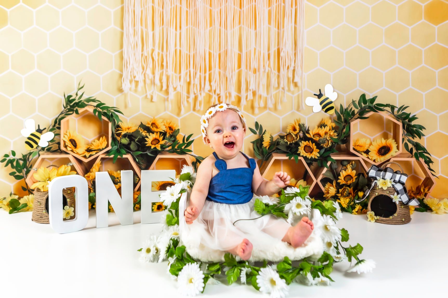 Kate Jaune Nid d'abeilles Boho Cake Smash Toile de fond conçue par Emetselch - Kate Backdrop FR