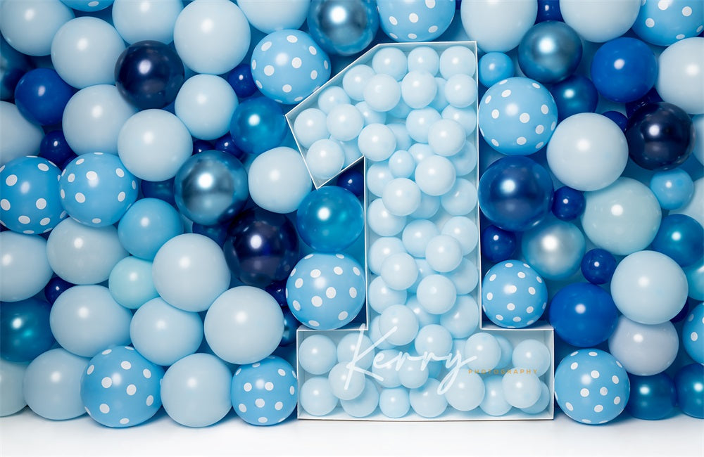 Kate Ballons Bleu 1er Anniversaire Enfant Toile de fond conçu par Kerry Anderson - Kate Backdrop FR