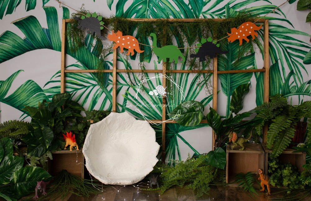 Kate Jungle Vert Dinosaures Enfant Toile de fond conçue par Jenna Onyia - Kate Backdrop FR