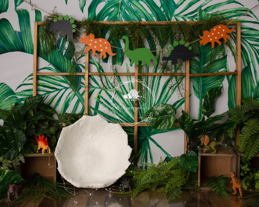 Kate Jungle Vert Dinosaures Enfant Toile de fond conçue par Jenna Onyia - Kate Backdrop FR