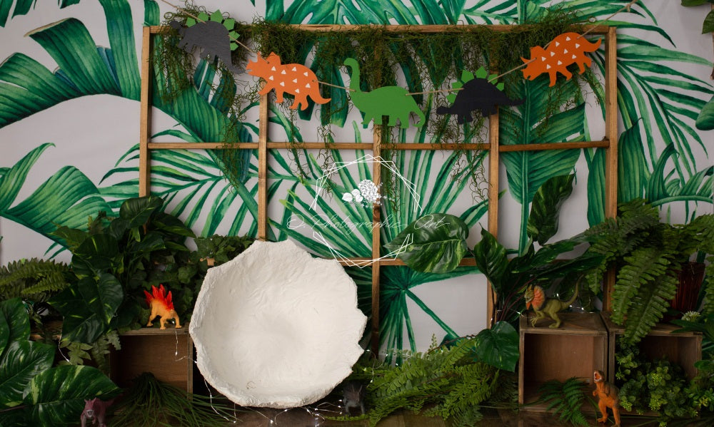 Kate Jungle Vert Dinosaures Enfant Toile de fond conçue par Jenna Onyia - Kate Backdrop FR