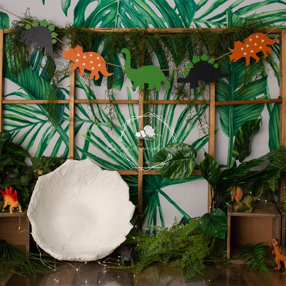 Kate Jungle Vert Dinosaures Enfant Toile de fond conçue par Jenna Onyia - Kate Backdrop FR