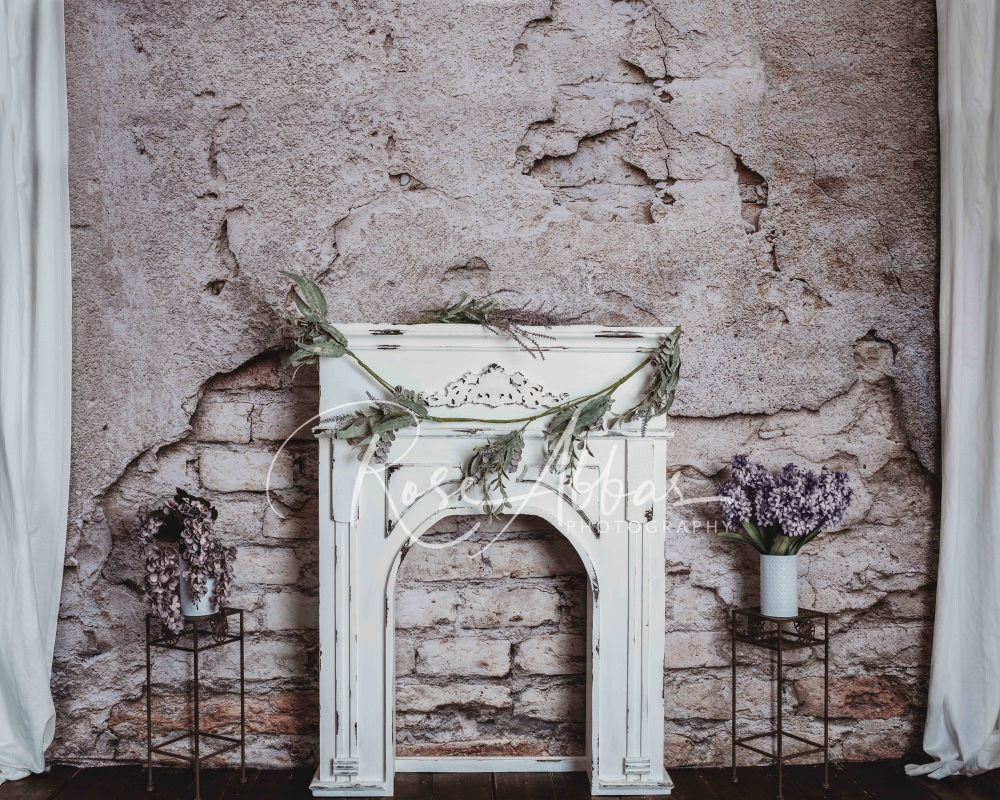 Kate Mur de briques Cheminée Fleurs Gris Toile de fond conçue par Rose Abbas - Kate Backdrop FR