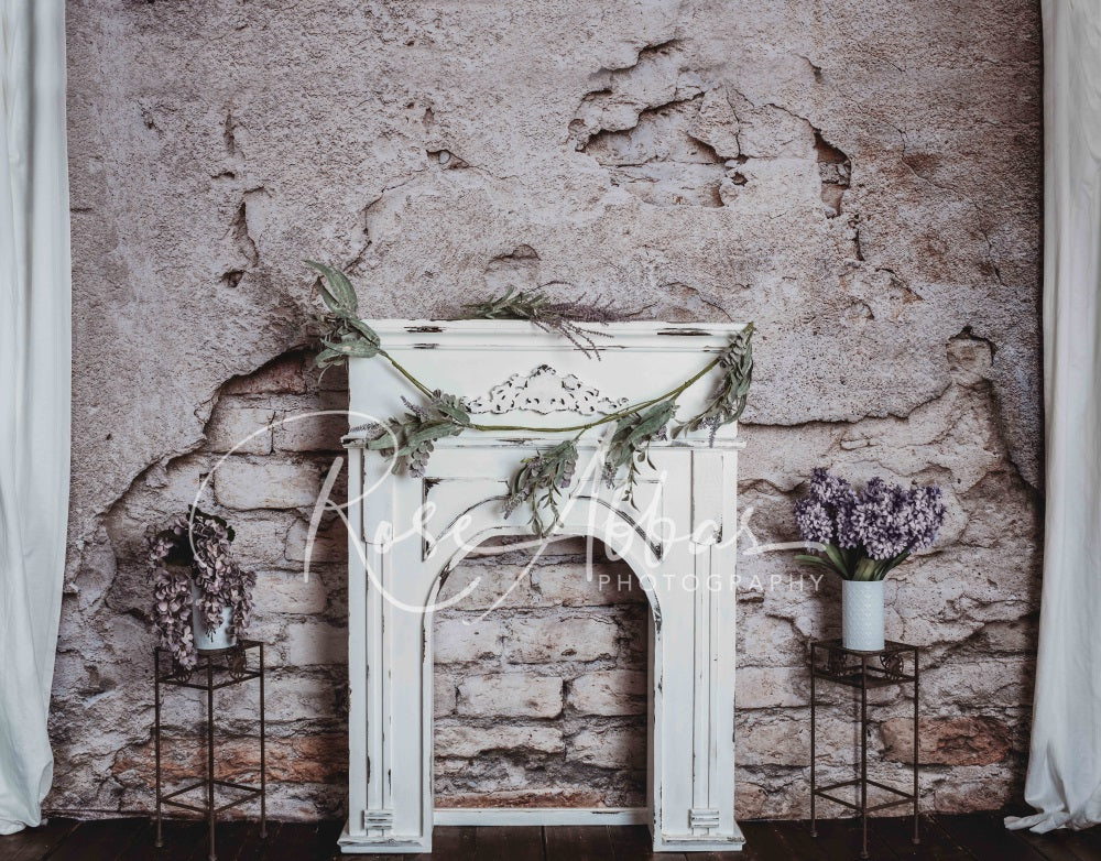 Kate Mur de briques Cheminée Fleurs Gris Toile de fond conçue par Rose Abbas - Kate Backdrop FR