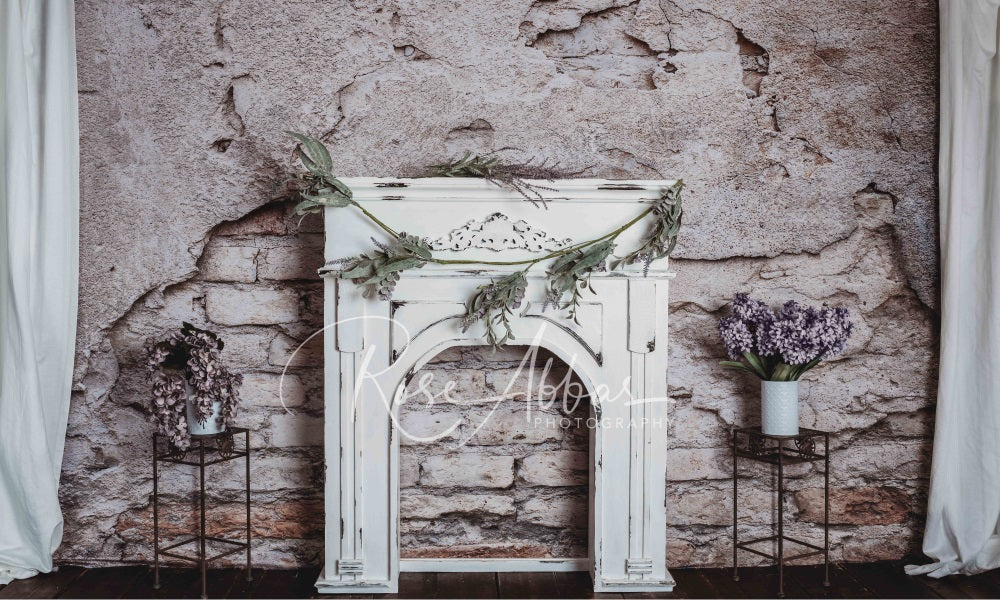 Kate Mur de briques Cheminée Fleurs Gris Toile de fond conçue par Rose Abbas - Kate Backdrop FR