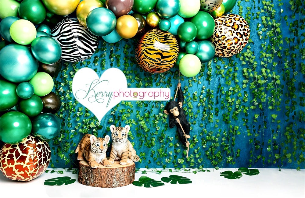 Kate Animaux Jungle Ballons Anniversaire Toile de fond conçue par Kerry Anderson - Kate Backdrop FR