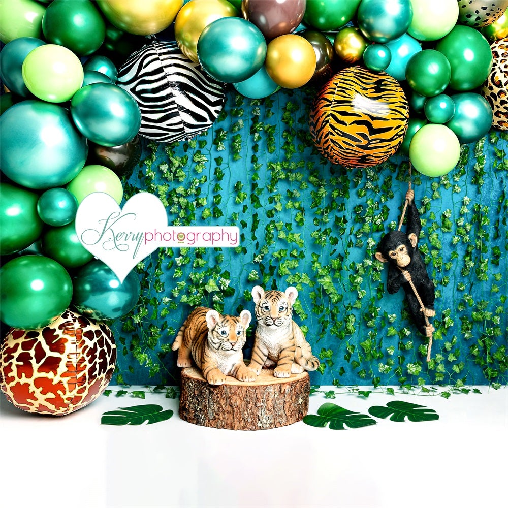 Kate Animaux Jungle Ballons Anniversaire Toile de fond conçue par Kerry Anderson - Kate Backdrop FR