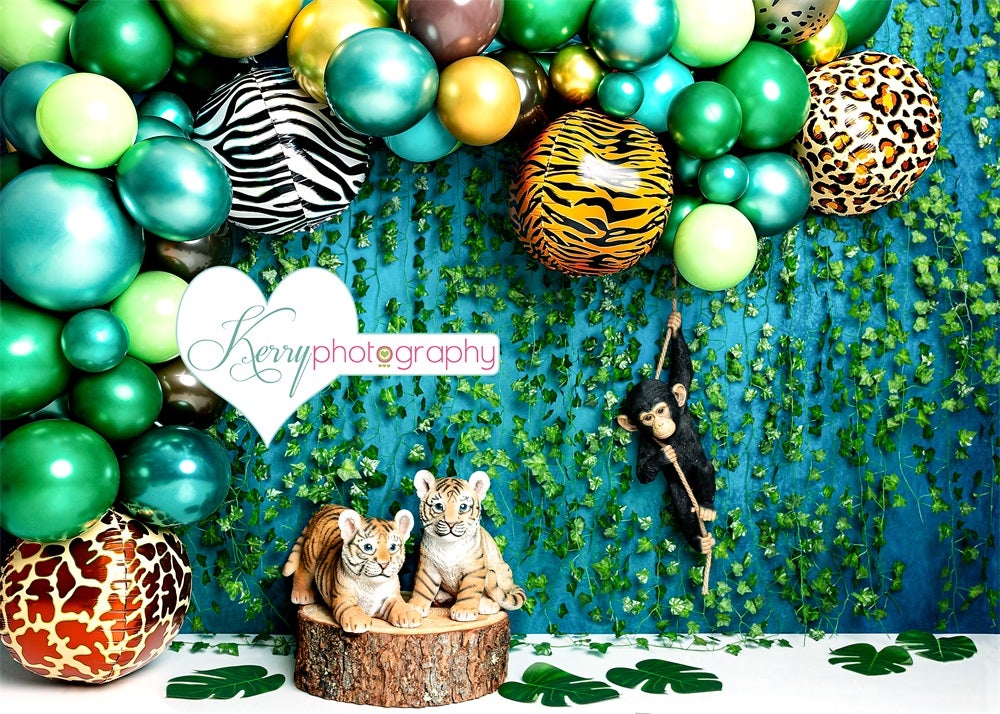 Kate Animaux Jungle Ballons Anniversaire Toile de fond conçue par Kerry Anderson - Kate Backdrop FR