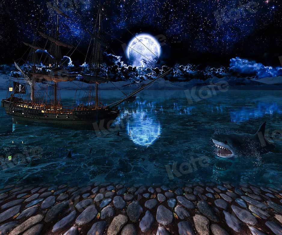 Kate Magique Lune Nuit Toile de Fond Requin Bateau Pierre pour la photographie - Kate Backdrop FR
