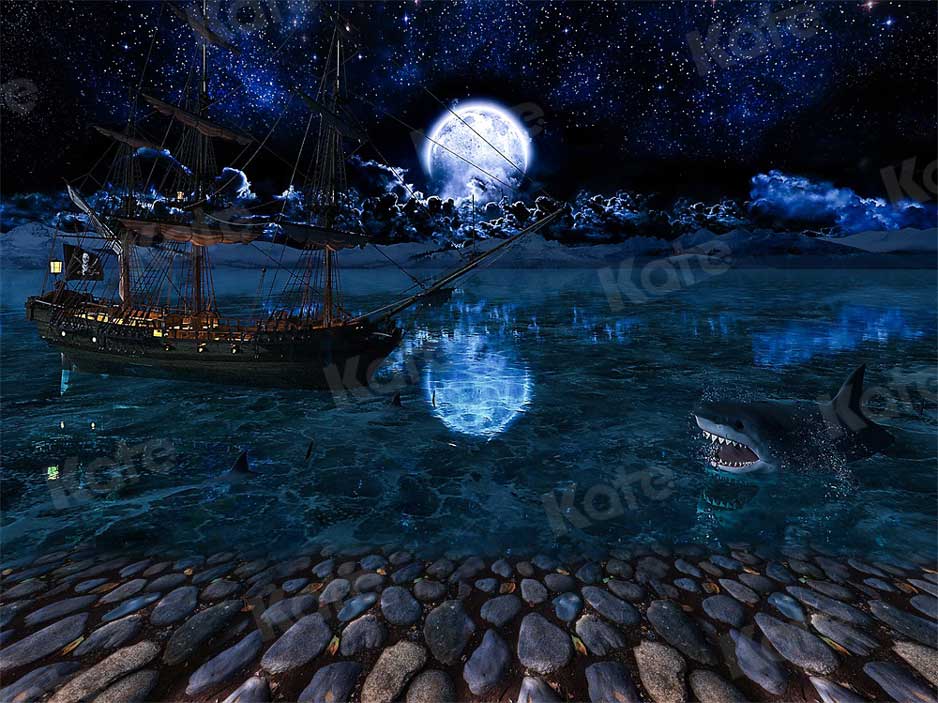 Kate Magique Lune Nuit Toile de Fond Requin Bateau Pierre pour la photographie - Kate Backdrop FR
