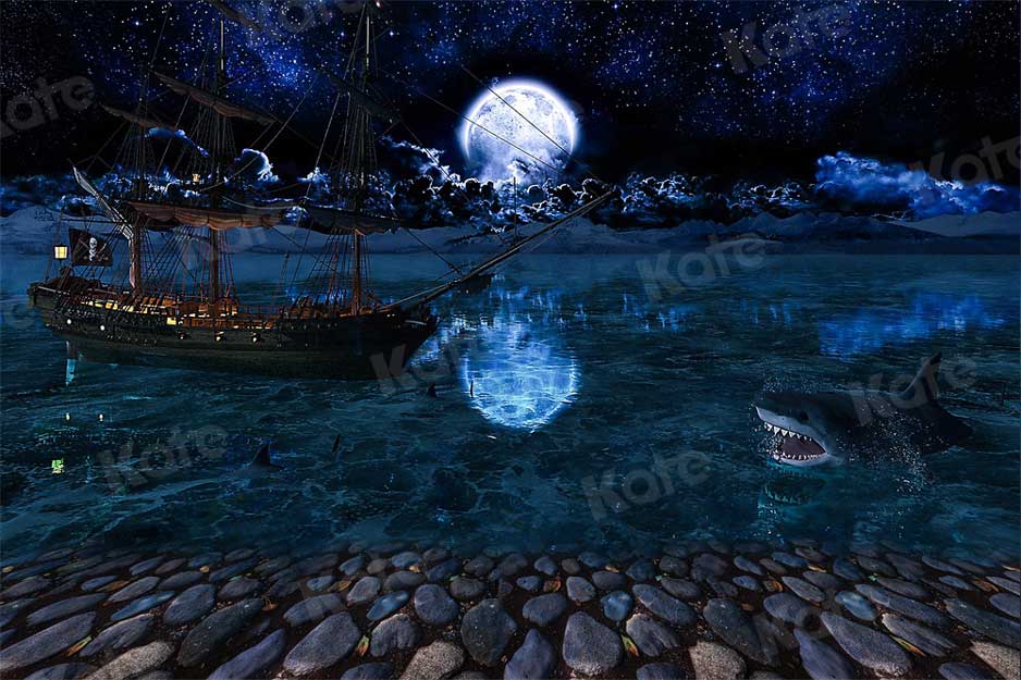 Kate Magique Lune Nuit Toile de Fond Requin Bateau Pierre pour la photographie - Kate Backdrop FR
