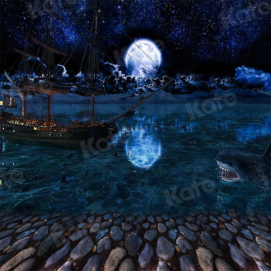 Kate Magique Lune Nuit Toile de Fond Requin Bateau Pierre pour la photographie - Kate Backdrop FR