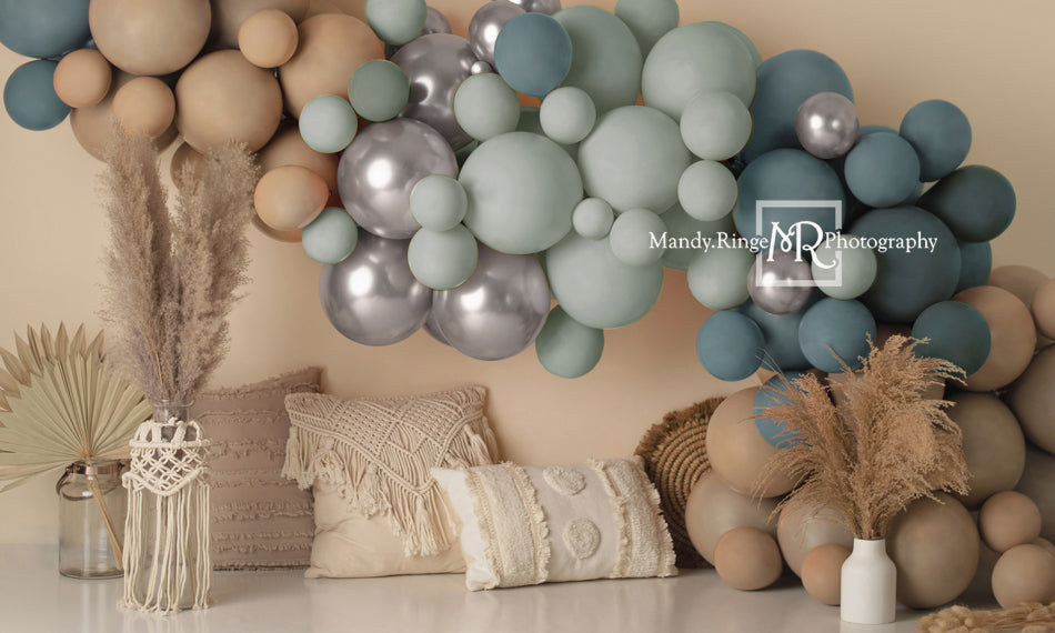Kate Ballons Boho Bleu Macramé Oreillers Toile de fond Conçu par Mandy Ringe - Kate Backdrop FR