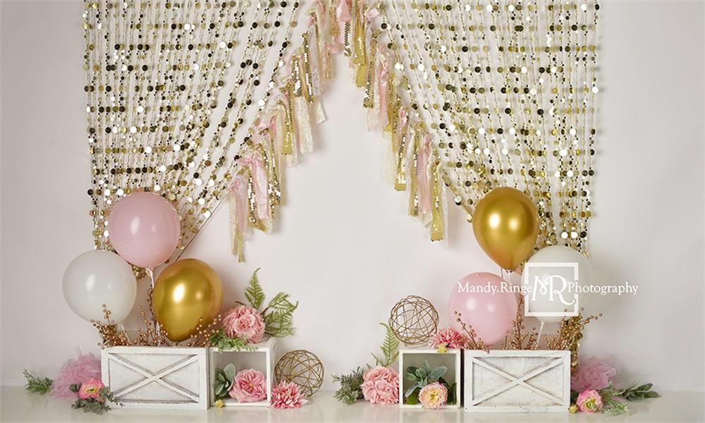 Kate Rideau Paillettes Doré Rose Anniversaire Toile de fond conçu par Mandy Ringe - Kate Backdrop FR