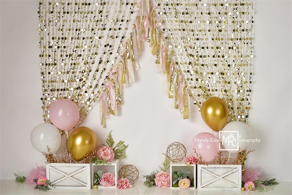 Kate Rideau Paillettes Doré Rose Anniversaire Toile de fond conçu par Mandy Ringe - Kate Backdrop FR