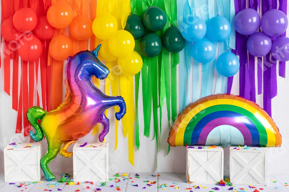 Kate Ballon Anniversaire Licorne Arc-en-ciel Coloré Toile de fond conçu par Emetselch - Kate Backdrop FR