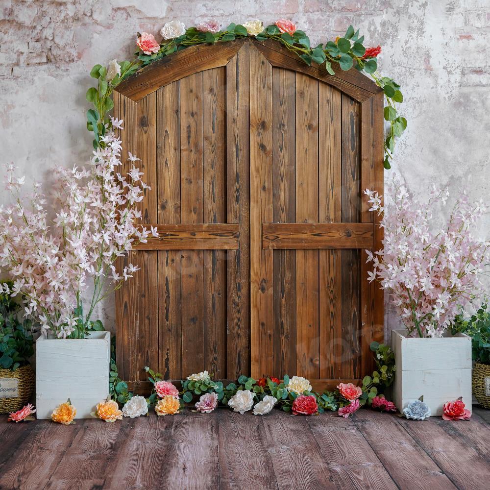 Kate Porte de grange Brun Printemps Fleurs Toile de fond pour la photographie - Kate Backdrop FR