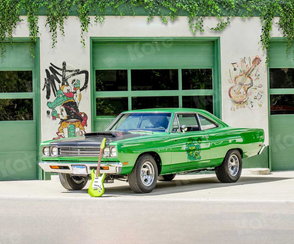 Kate Voiture Vert Graffiti Printemps Guitare Toile de fond pour la photographie - Kate Backdrop FR
