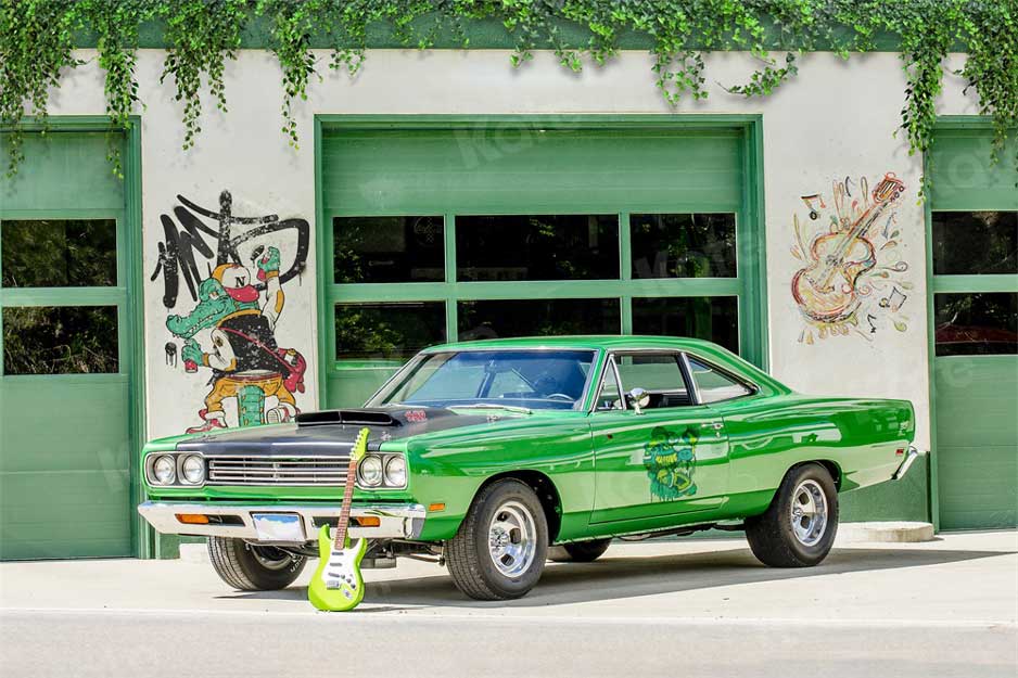 Kate Voiture Vert Graffiti Printemps Guitare Toile de fond pour la photographie - Kate Backdrop FR