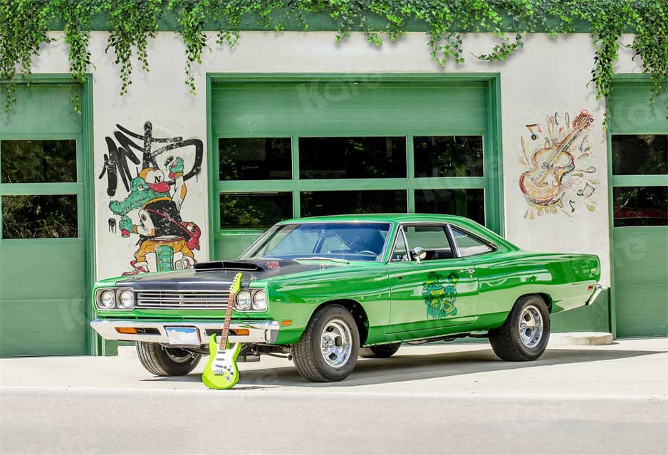 Kate Voiture Vert Graffiti Printemps Guitare Toile de fond pour la photographie - Kate Backdrop FR