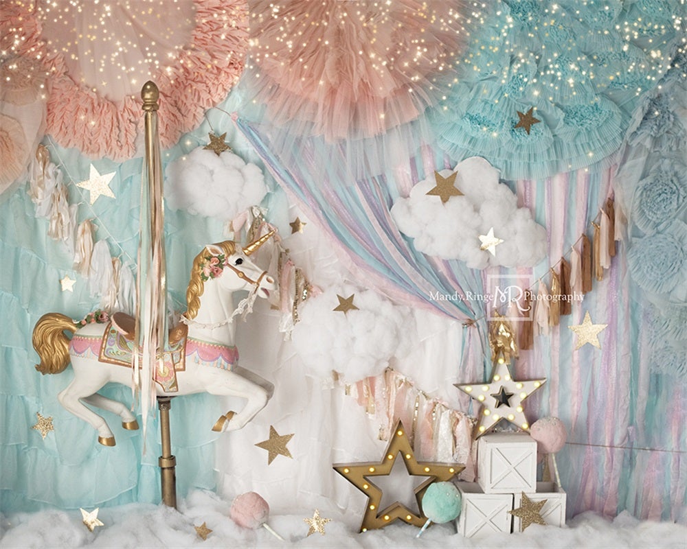 Kate Anniversaire Rêves Carrousel Licorne Toile de fond conçue par Mandy Ringe - Kate Backdrop FR