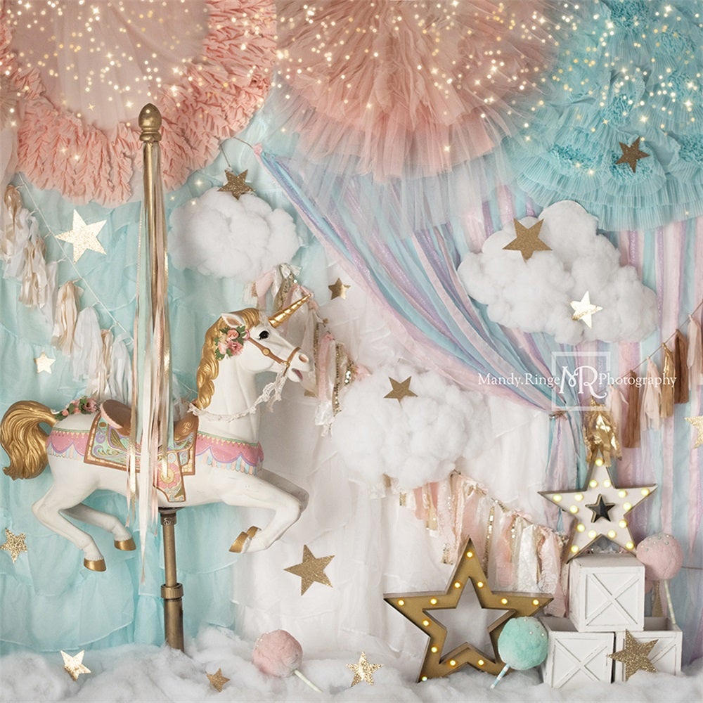 Kate Anniversaire Rêves Carrousel Licorne Toile de fond conçue par Mandy Ringe - Kate Backdrop FR