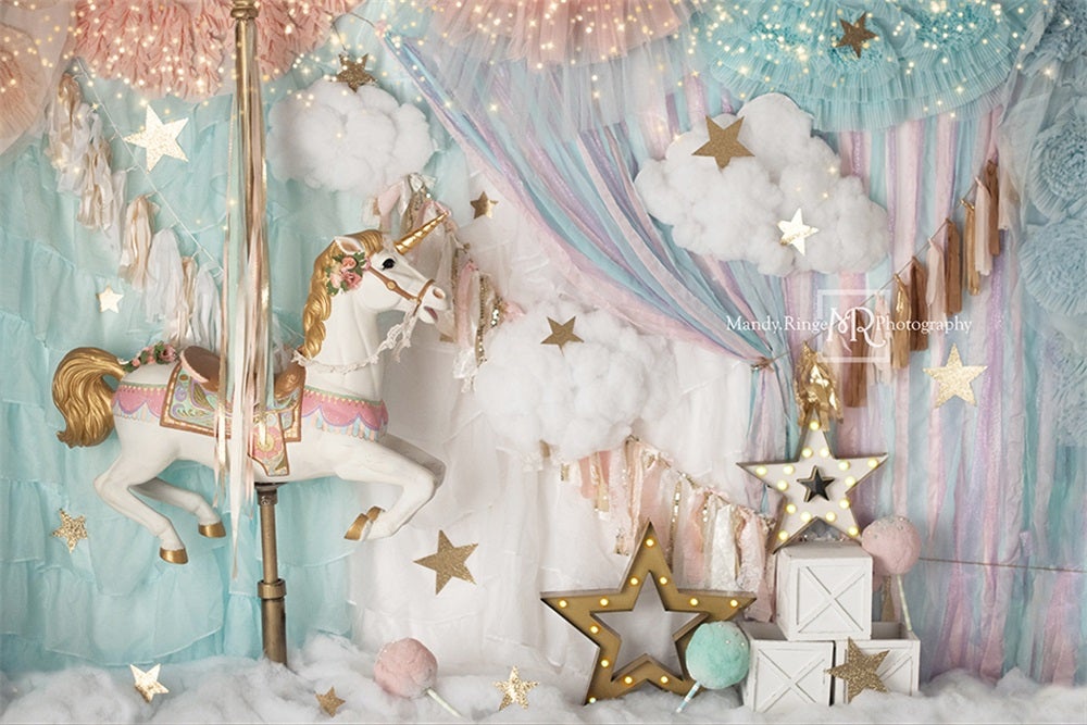 Kate Anniversaire Rêves Carrousel Licorne Toile de fond conçue par Mandy Ringe - Kate Backdrop FR