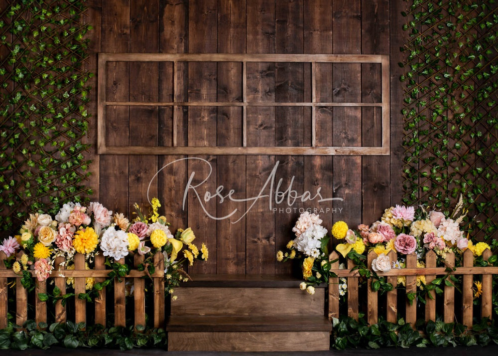 Kate Fleurs Mur en bois Extérieur Plante Toile de fond conçue par Rose Abbas - Kate Backdrop FR