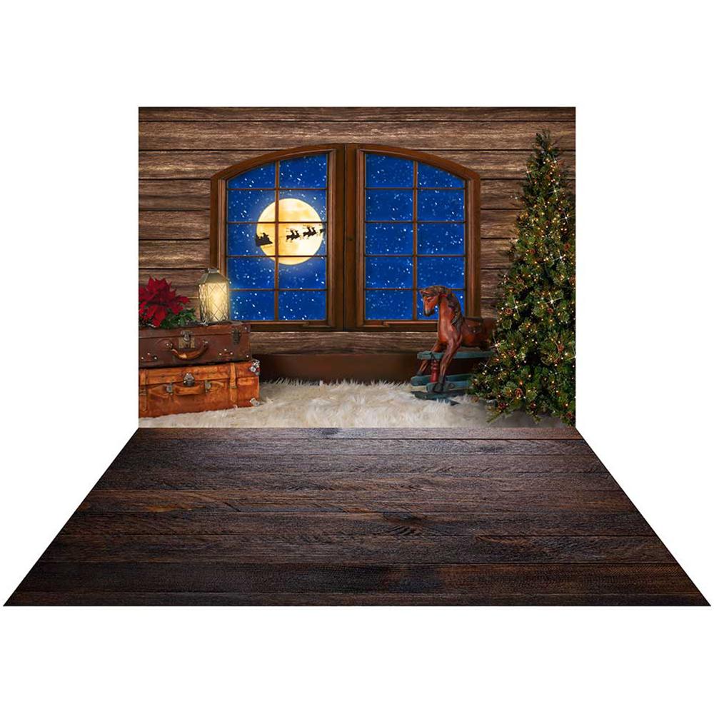 Kate Père Noël Arbre Fenêtre Toile de fond+Grange Bois foncé Tapis de sol en caoutchouc - Kate Backdrop FR
