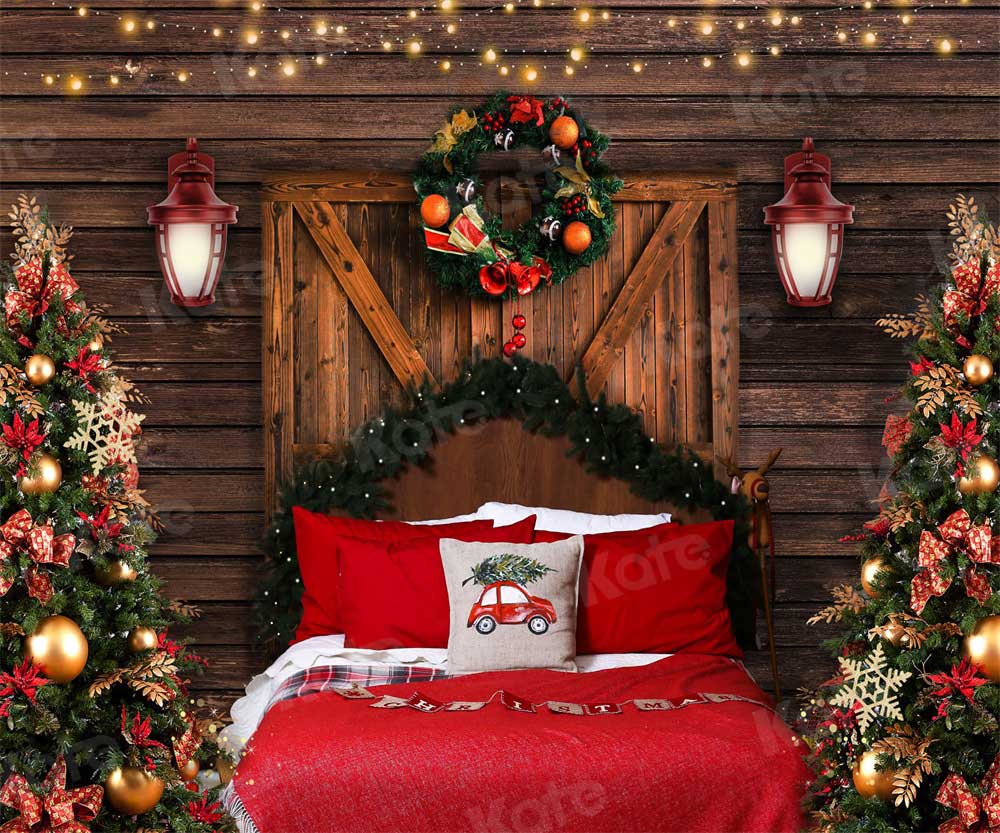 Kate Chalet Noël Porte de Grange Lit Rouge Oreiller Toile de Fond pour la Photographie - Kate Backdrop FR