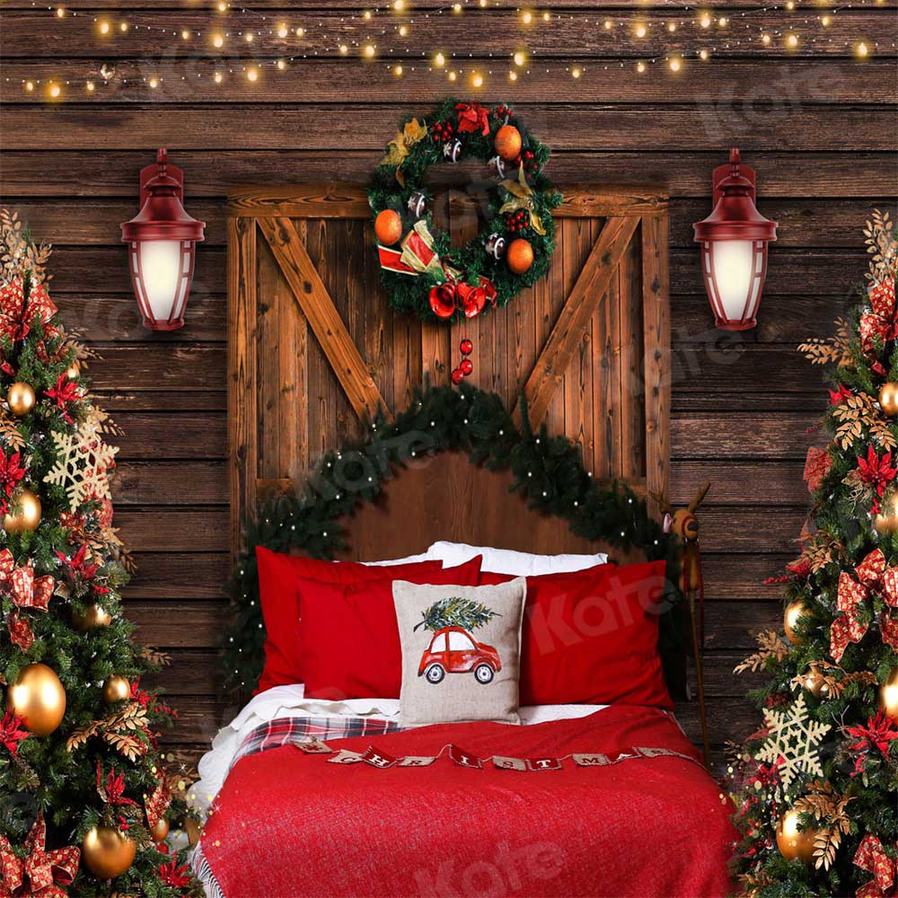 Kate Chalet Noël Porte de Grange Lit Rouge Oreiller Toile de Fond pour la Photographie - Kate Backdrop FR