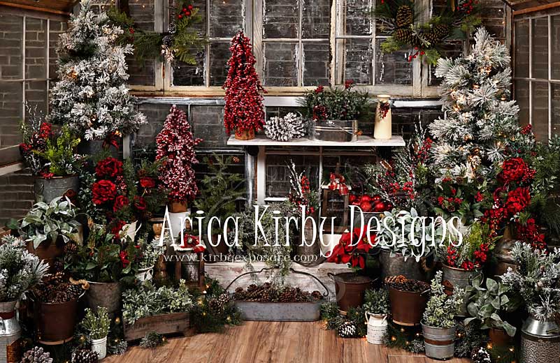 Kate Hiver Maison en Bois Arbre Noël Plantes Toile de fond conçue par Arica Kirby - Kate Backdrop FR