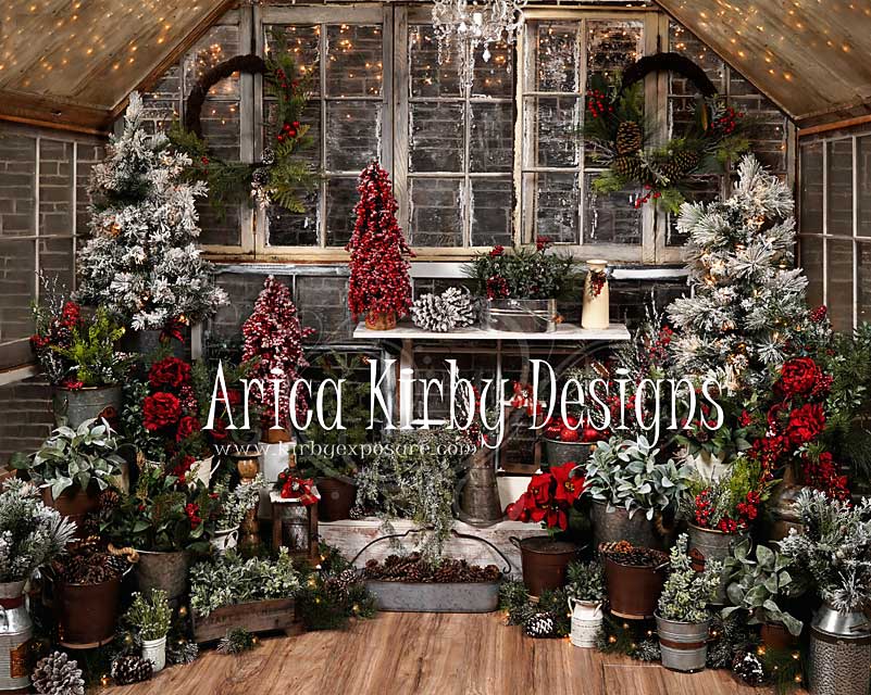 Kate Hiver Maison en Bois Arbre Noël Plantes Toile de fond conçue par Arica Kirby - Kate Backdrop FR