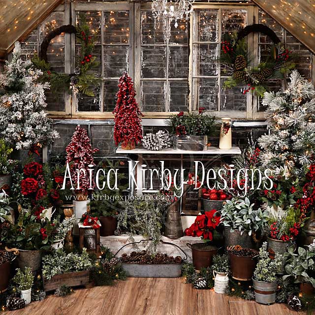 Kate Hiver Maison en Bois Arbre Noël Plantes Toile de fond conçue par Arica Kirby - Kate Backdrop FR
